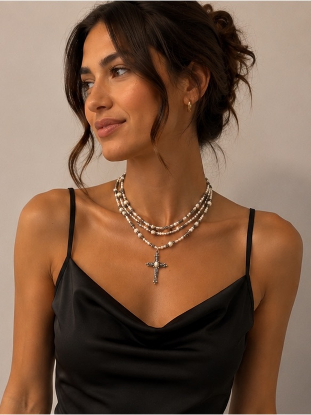 Multi Strand Freshwater Pearl
Necklace Sterling Cross
Pendant Bali Peridot Clasp